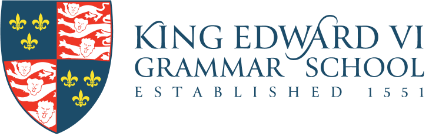 King Edward VI Grammar School crest featuring a shield with a crown and lion, set against a blue background, conveying tradition and academic excellence